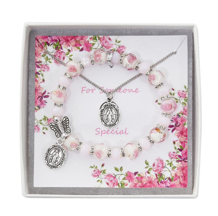 16" Miraculous Medal and Butterfly Pendant and Bracelet PND35