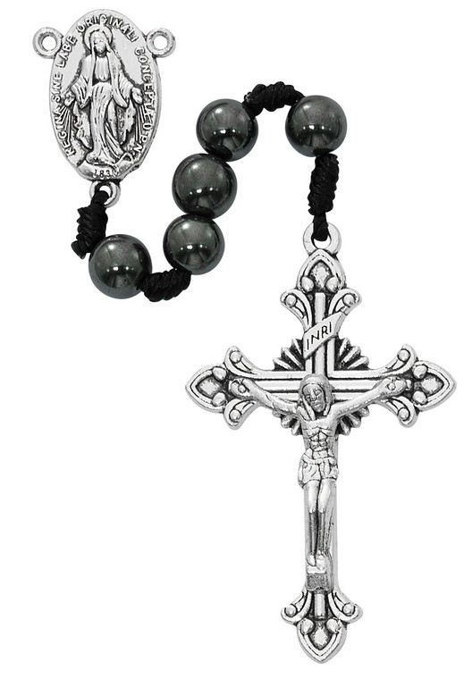 8MM Cored Miraculous Hematite Rosary Boxed P388R