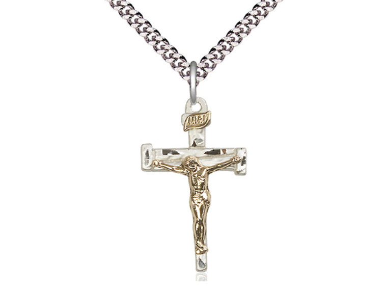 Two-Tone GF/SS Nail Crucifix Pendant, Lite Curb Chain, 1 1/8" x 5/8"