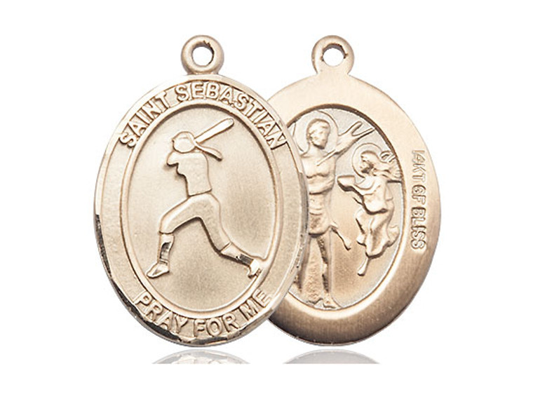 Gold Filled St. Sebastian / Softball Pendant, SG Heavy Curb Chain, Large Size Catholic Medal, 1" x 3/4"