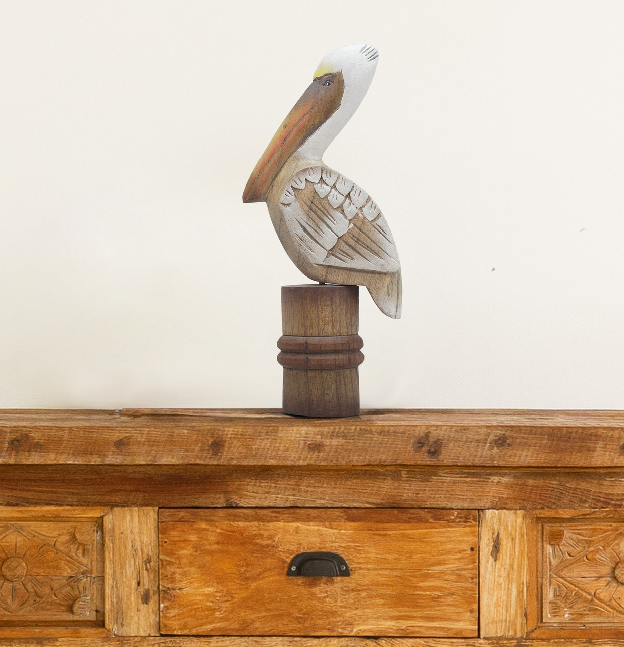 Pelican on Piling Wood Hand Carved C012