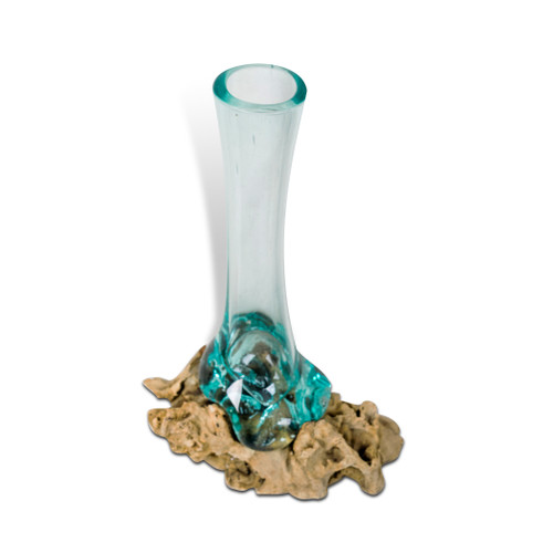 Blown Glass Vase with Natural Wood Root Base G153 Blown Glass Vase with Natural Wood Root Base G153