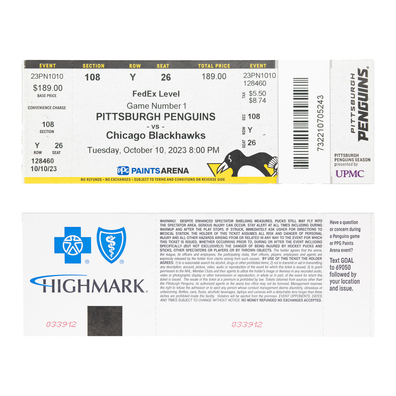 2023 Pittsburgh Penguins Home Opener Ticket - 10/10/23
