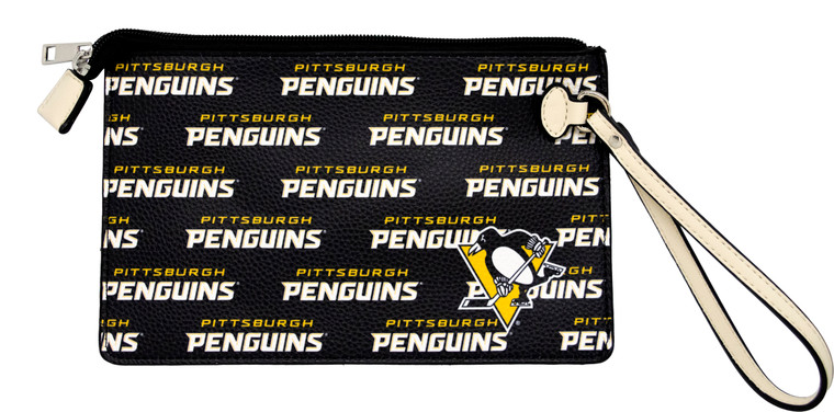 A black faux leather wristlet with the "Pittsburgh Penguins" text logo repeated across it, as well as the team logo in the bottom right corner overlapping the text. The attached wrist strap is white with black trim.