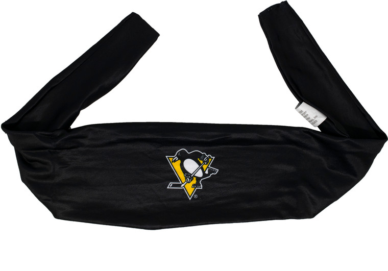 The front of the black headband, with the Penguins logo printed onto it. The headband is untied.