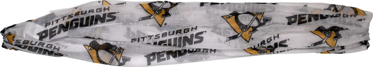 A sheer white infinity scarf with the Pittsburgh Penguins logo and text logo repeated throughout.