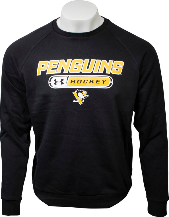 A black sweatshirt on a mannequin. "Penguins Hockey", the Under Armour logo, and the Pens logo are stylized on the front.