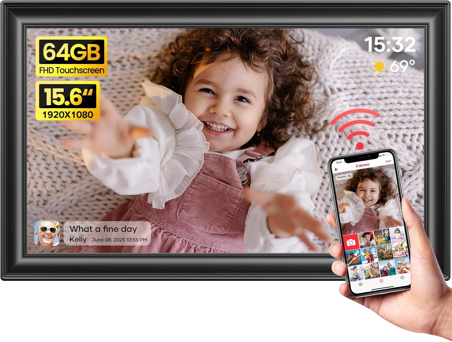 BIGASUO 15.6" Frameo WiFi Digital Photo Frame