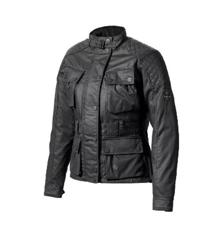 Triumph Beck Womens Wax Cotton Motorcycle Jacket (Black)