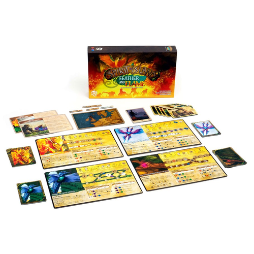 Spirit Island: Feather & Flame box with game tiles in front.