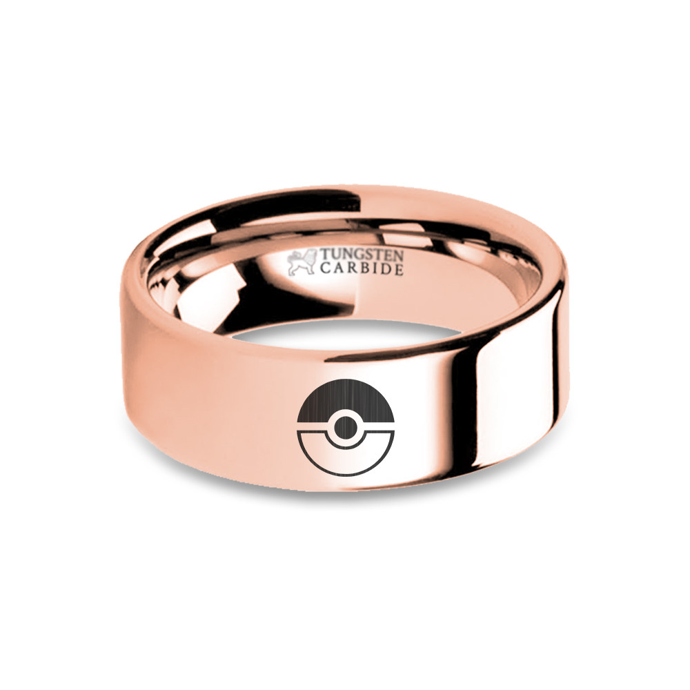 Pokeball Engraved Rose Gold Tungsten Wedding Band, Flat, Polished