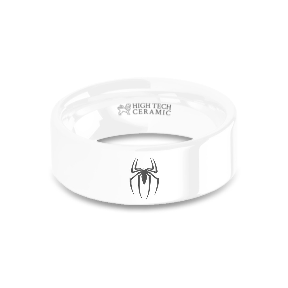 Superhero Spider-Man Emblem Engraved White Ceramic Ring - Timeless