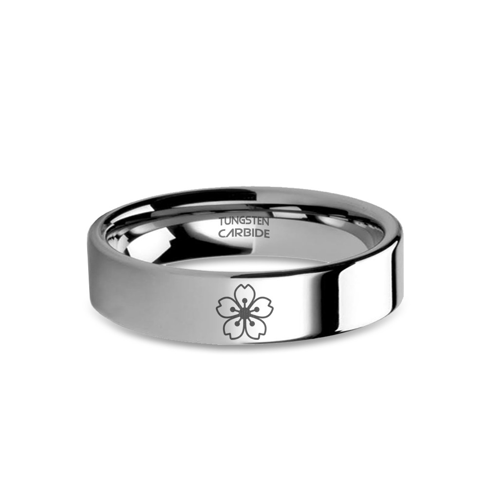 Cherry Blossom Sakura Laser Engraved Silver Tungsten Carbide Ring
