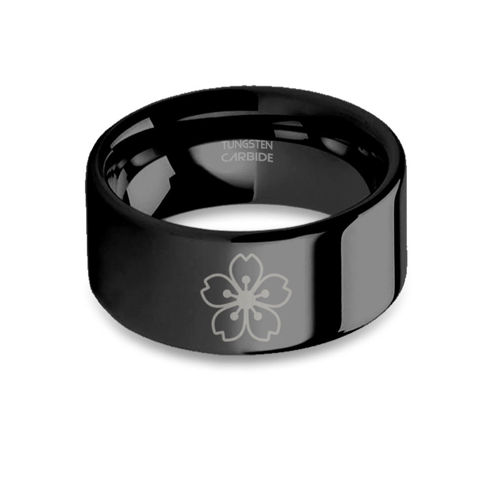Japanese Sakura Cherry Blossom Laser Engraved Black Tungsten Ring
