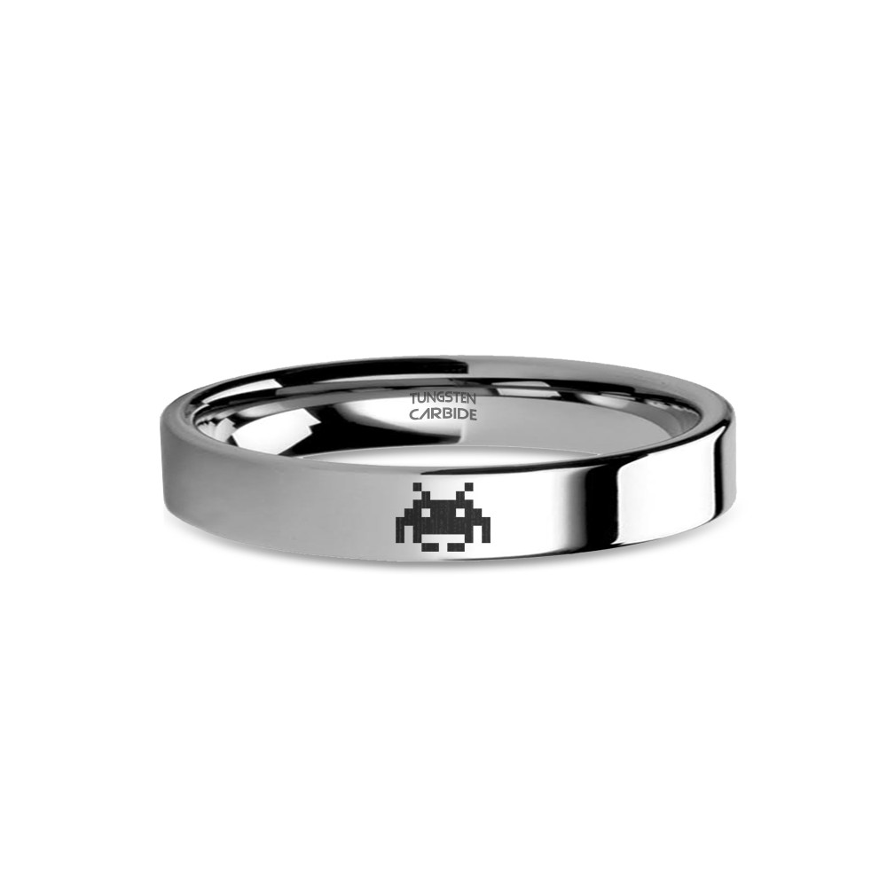 Space Invader Alien Sprite 8-bit Laser Engraved Tungsten Ring