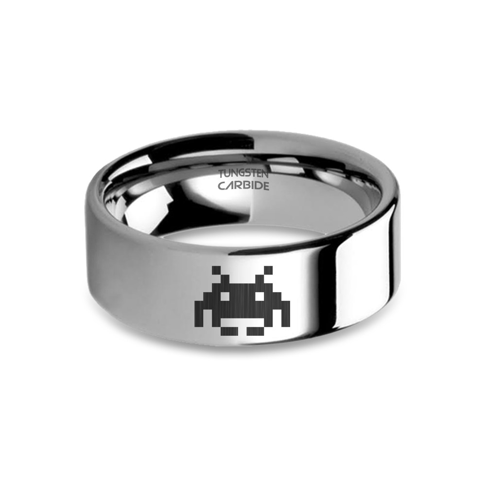 Space Invader Alien Sprite 8-bit Laser Engraved Tungsten Ring