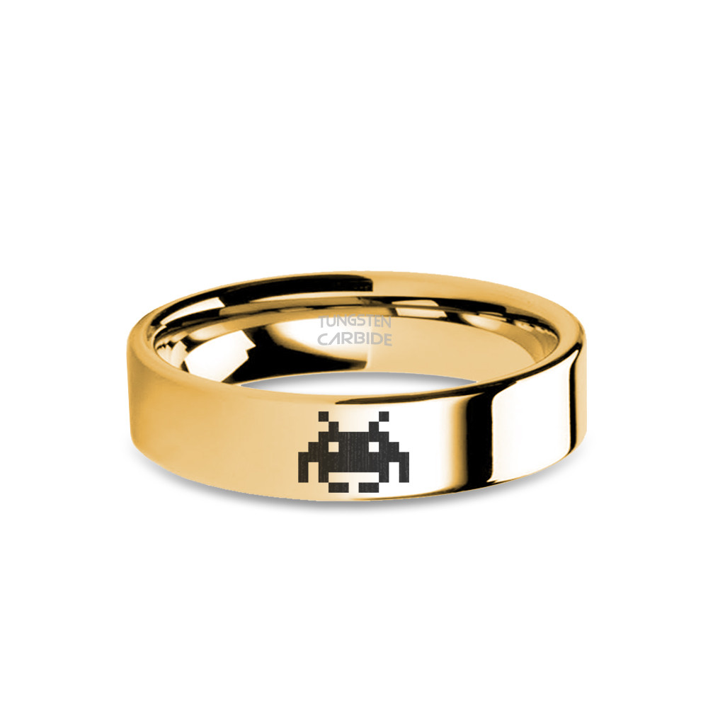 8-Bit Space Invaders Alien Engraved Yellow Gold Tungsten Ring