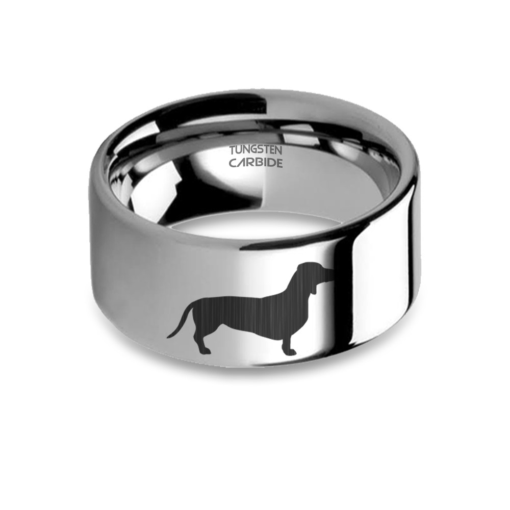 Dachshund Sausage Dog Laser Engraved Silver Tungsten Carbide Ring