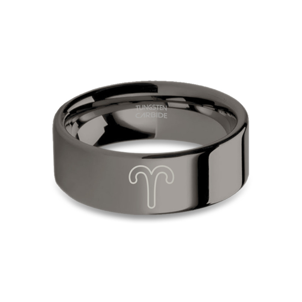 Aries Ram Fire Mars Zodiac Sign Gunmetal Tungsten Ring, Polished