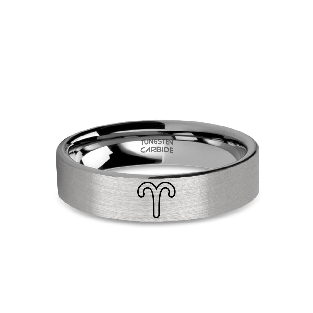 Aries Zodiac Mars Symbol Engraved Silver Tungsten Ring, Brushed