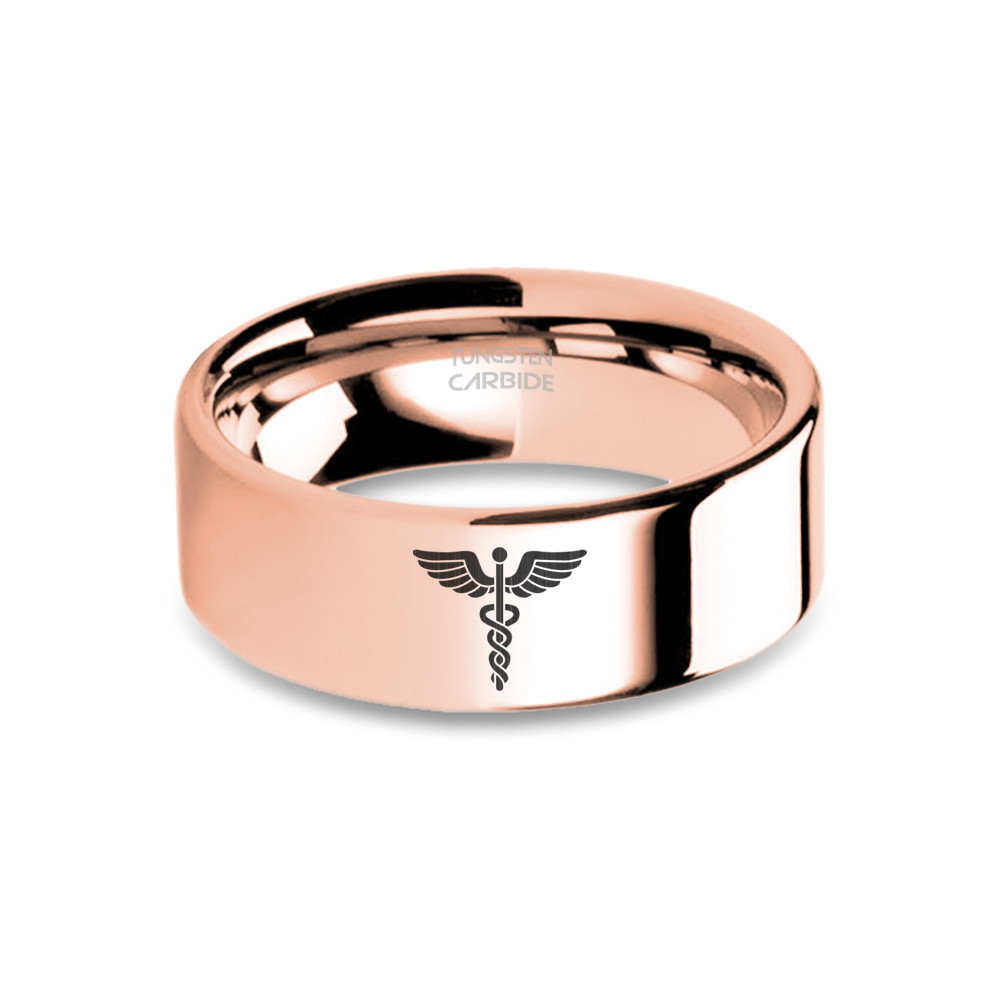 Caduceus Snake Medicine Symbol Rose Gold Tungsten Carbide Ring