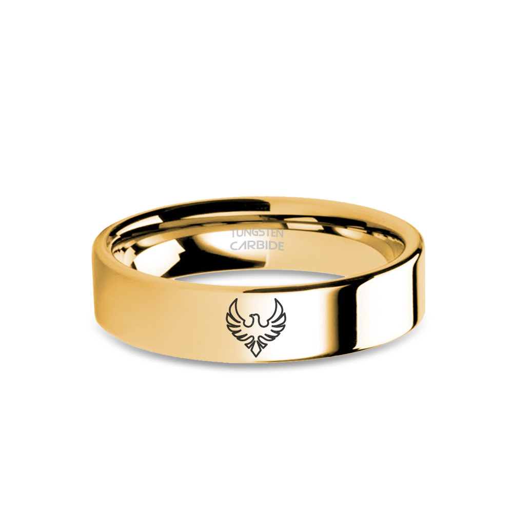 Phoenix Rebirth Bird Engraved Yellow Gold Polished Tungsten Ring