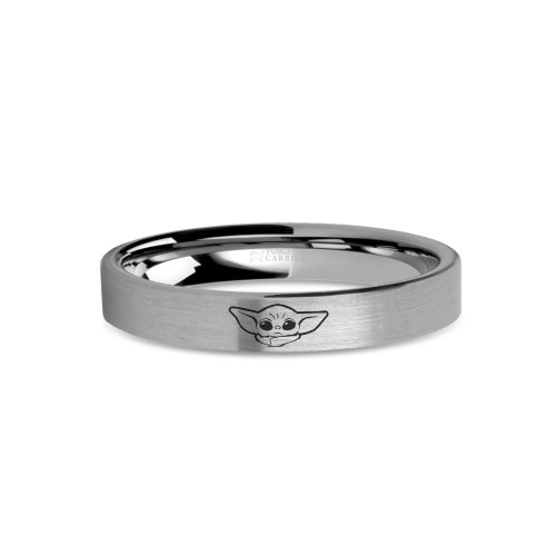 Star Wars Baby Yoda Child Mandalorian Engraved Tungsten Ring, Brushed