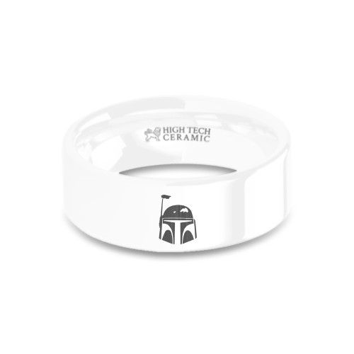 Star Wars Boba Fett Helmet Engraved White Ceramic Wedding Ring
