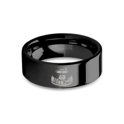 Star Wars R2-D2 Artoo Head Engraved Black Tungsten Ring, Polished