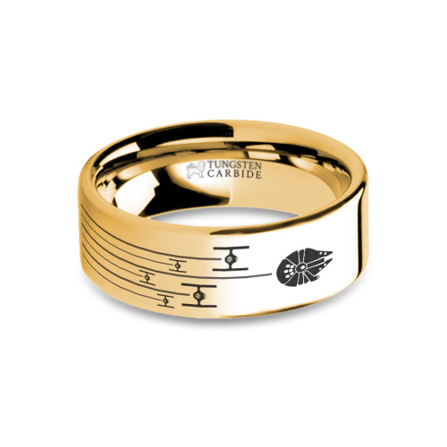 Millennium Falcon TIE Fighter Chase Engraved Gold Tungsten Ring