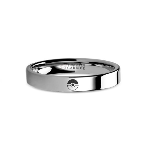 Pokeball Laser Engraved Tungsten Wedding Ring, Flat, Polished