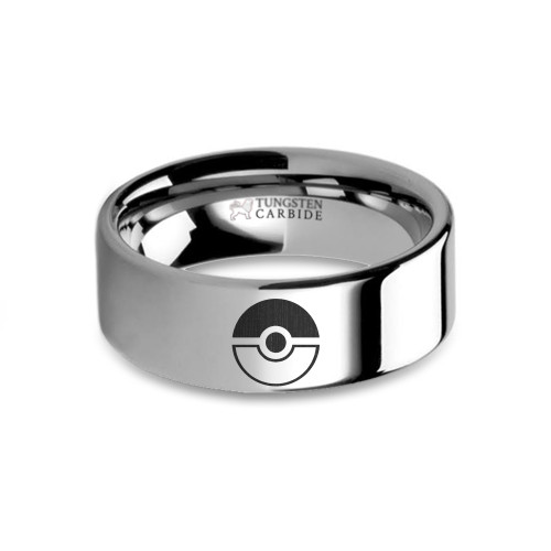 Pokeball Laser Engraved Tungsten Wedding Ring, Flat, Polished