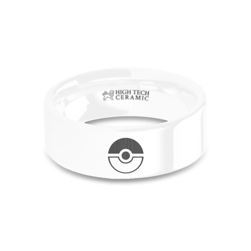 Pokeball Symbol Laser Engraved White Ceramic Wedding Ring