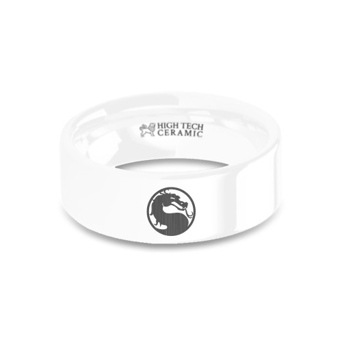Mortal Kombat Dragon Insignia Engraved White Ceramic Ring