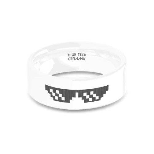 8-bit Sunglasses Meme Thug Life Laser Engraved White Ceramic Ring - Image View 5