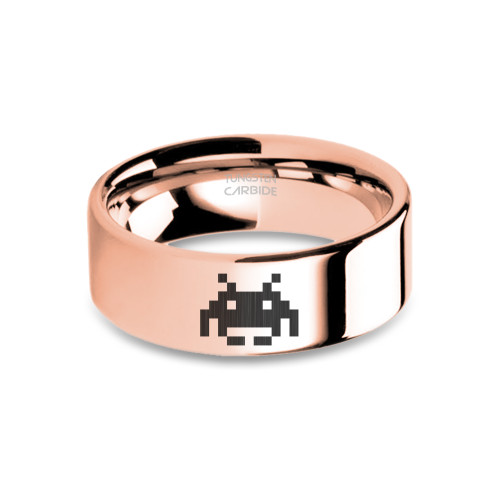 8-Bit Space Invaders Alien Engraved Yellow Gold Tungsten Ring