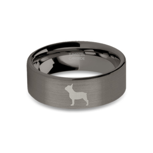 Frenchie French Bulldog Gunmetal Engraved Tungsten Ring, Brushed - Image View 3