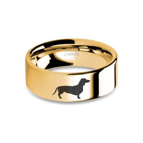 Dachshund Doxie Dog Engraved Yellow Gold Tungsten Wedding Band - Image View 5