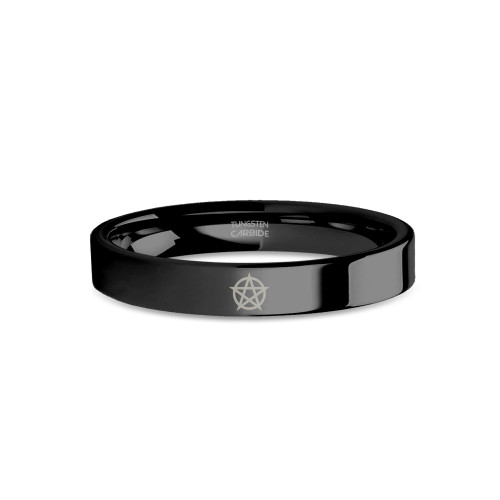 Pentagram Emblem Laser Engraved Black Tungsten Carbide Ring - Image View 1