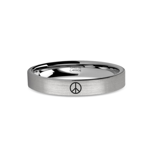Hippie Peace Symbol Engraved Brushed Silver Tungsten Carbide Ring - Image View 1