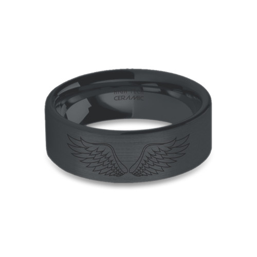 Guardian Angel Wings Engraved Black on Black Brushed Ceramic Ring - Image View 5