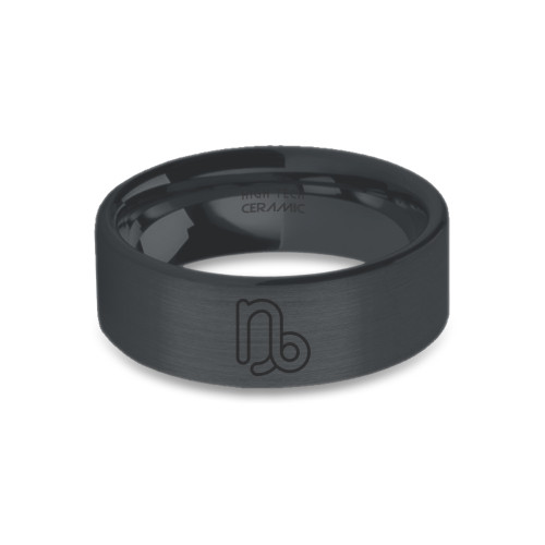 Capricorn Water Goat Engraved Black on Black Brushed Ceramic Ring - Image View 5