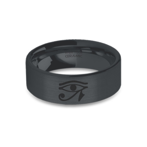 Egyptian Eye Ra Horus Engraved Black on Black Brushed Ceramic Ring - Image View 5