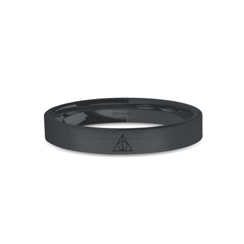 Three Deathly Hallows Engraved Black on Black Brushed Ceramic Ring - Image View 1