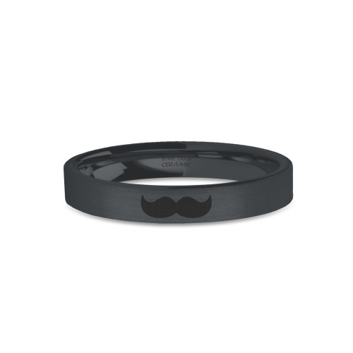 Handlebar Mustache Engraved Black on Black Brushed Ceramic Ring - Image View 1