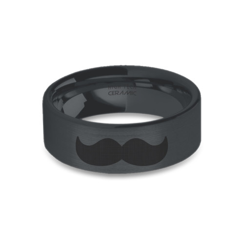 Handlebar Mustache Engraved Black on Black Brushed Ceramic Ring - Image View 5