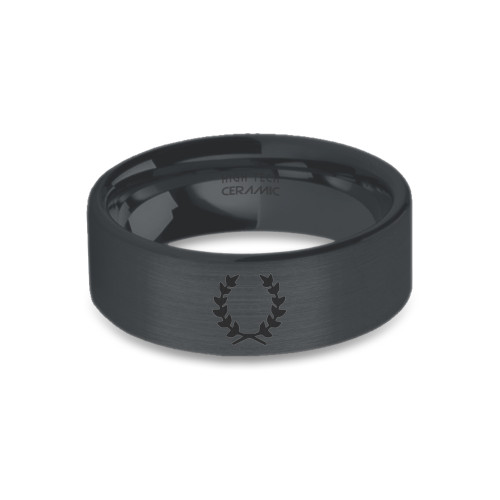 Laurel Wreath Black on Black Engraved Ceramic Brushed Wedding Band - Image View 5