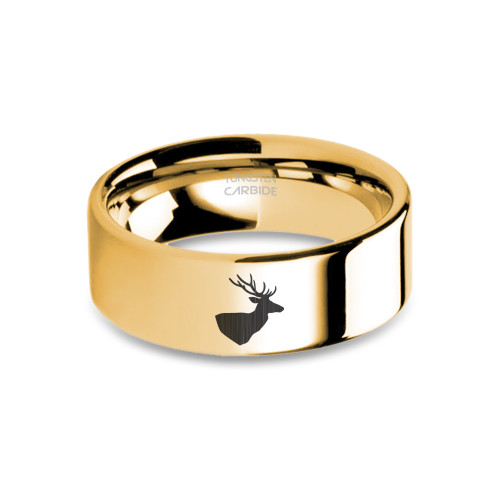 Deer Head Stag Trophy Engraved Polished Yellow Gold Tungsten Ring - Image View 5