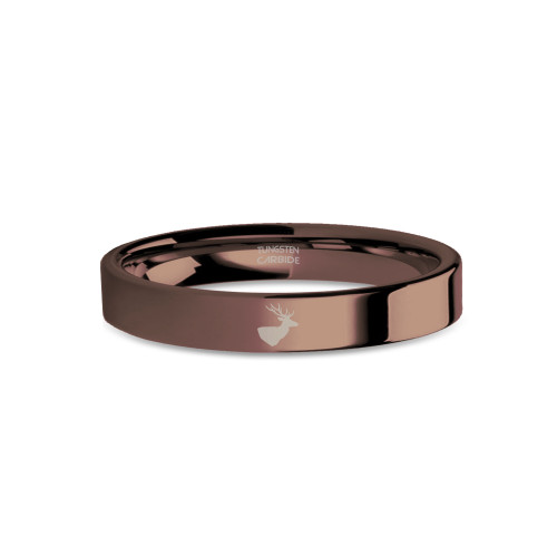 Deer Head Buck Antlers Engraved Rustic Brown Polished Tungsten Ring - Image View 1