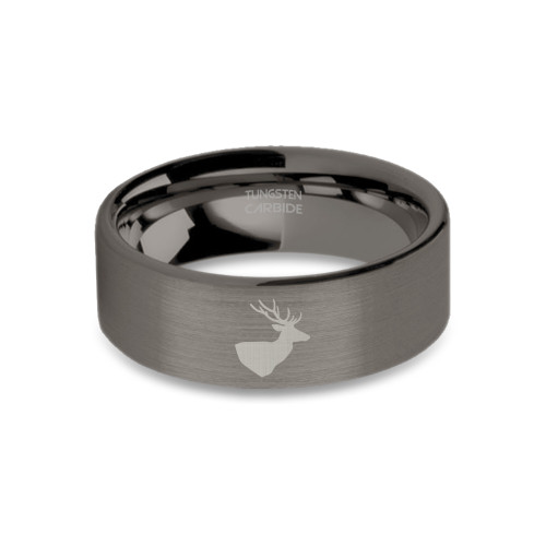 Deer Stag with Antlers Engraved Brushed Gunmetal Tungsten Ring - Image View 3